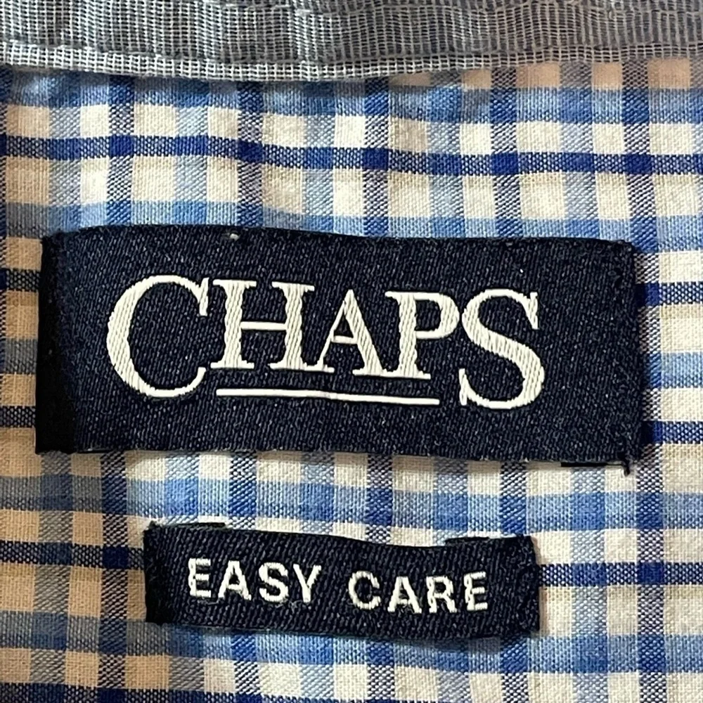 Chaps Easy Care Shirt Mens Size Large Blue Plaid Check Short Sleeve Button Front